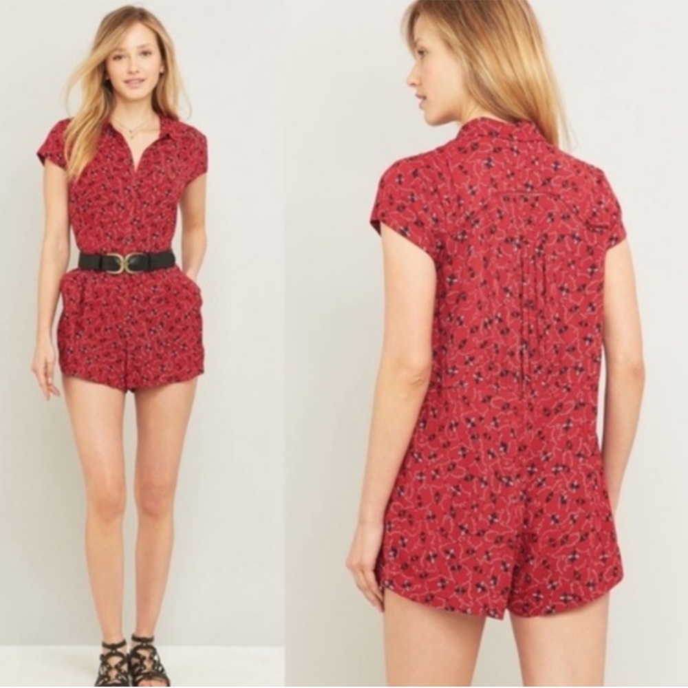 Free People Red Floral Short Sleeve Romper with Notch Collar